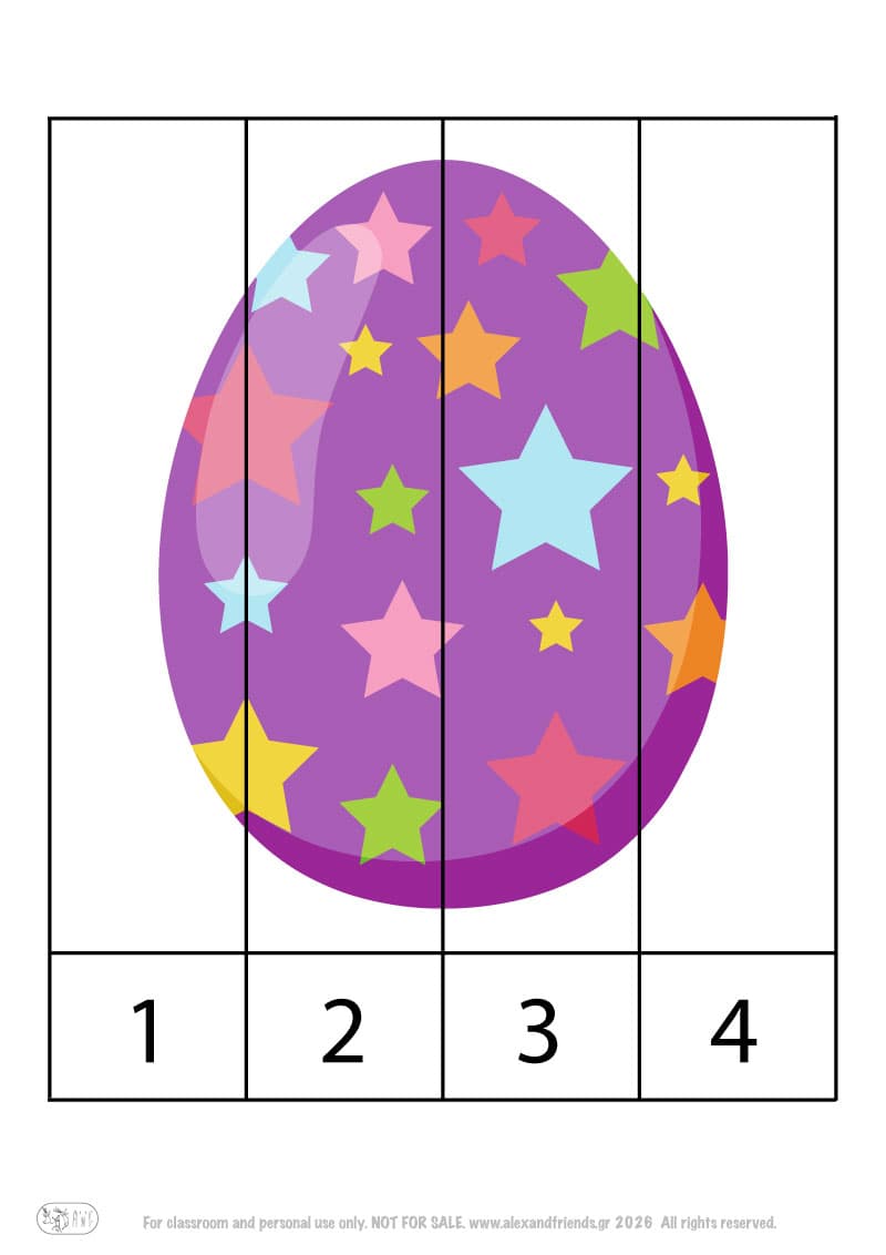 Easter Egg- numbers 1-4. Colorful Easter number puzzle printable for preschool children learning numbers