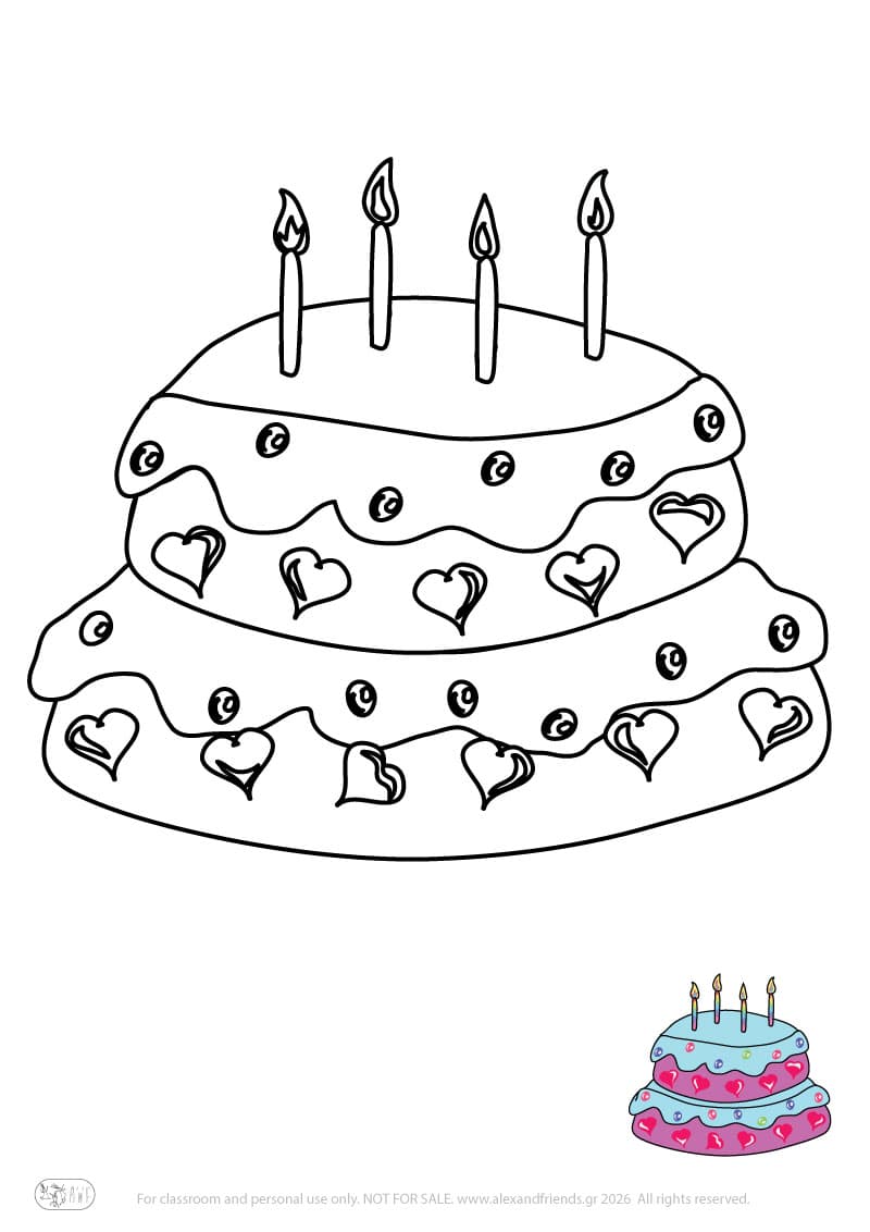 Εκπαιδευτική δραστηριότητα για παιδιά. Δωρεάν εκτυπώσιμο φύλλο ζωγραφικής με τούρτα