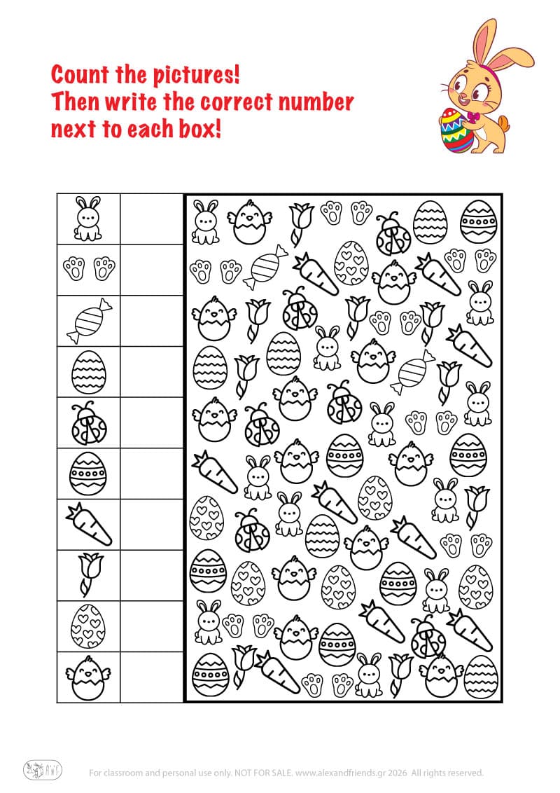 Count the pictures. Printable Easter preschool worksheet 