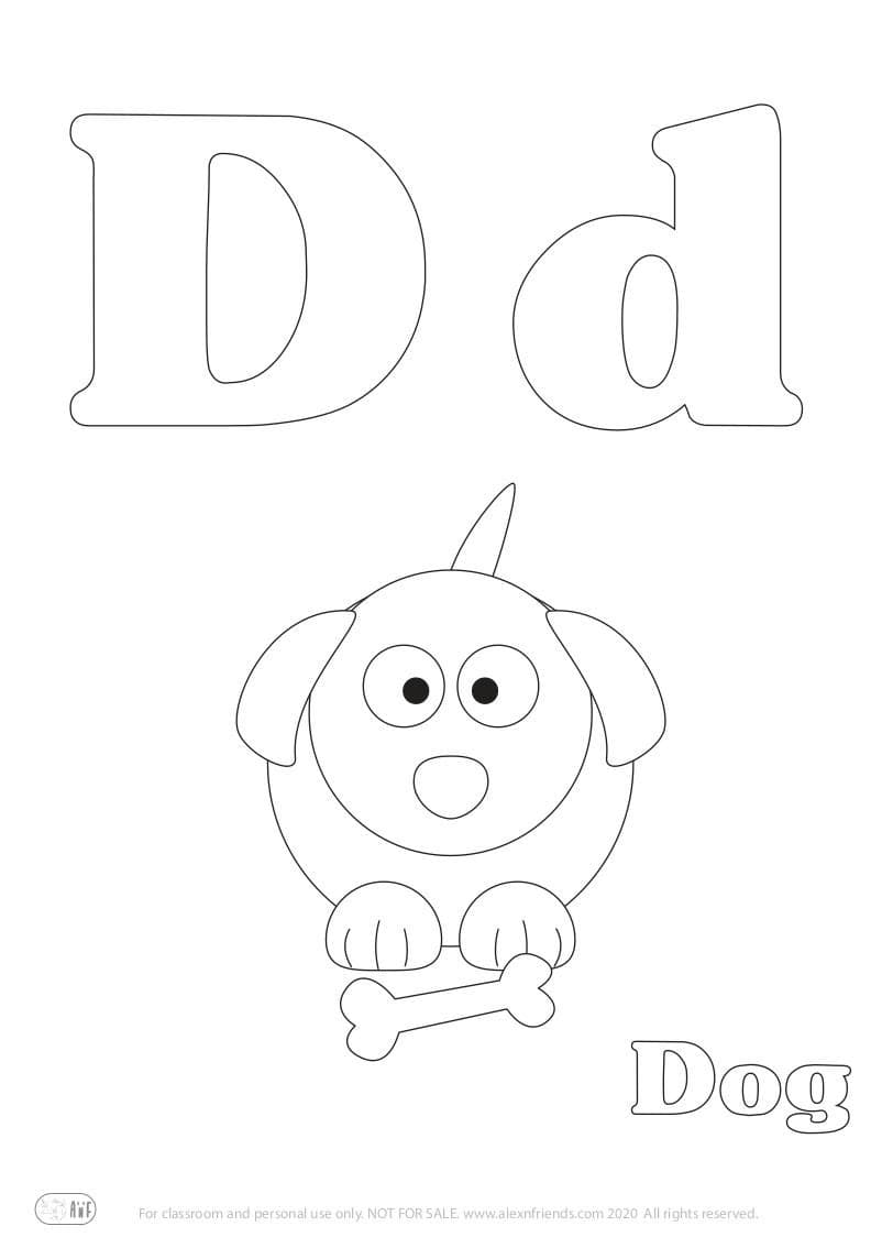 Learning english alphabet for kids. Free printable coloring page with letter D d and a dog