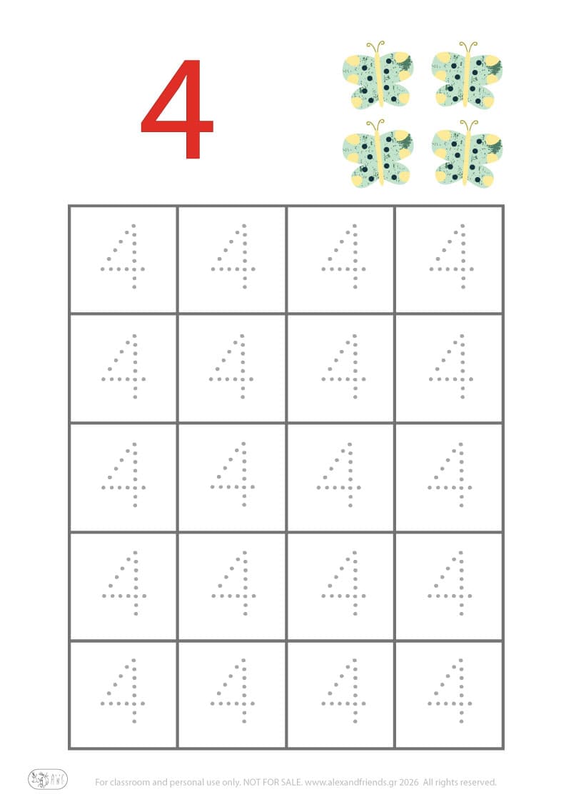 Number 4. Easter pre-writing number worksheets for kids