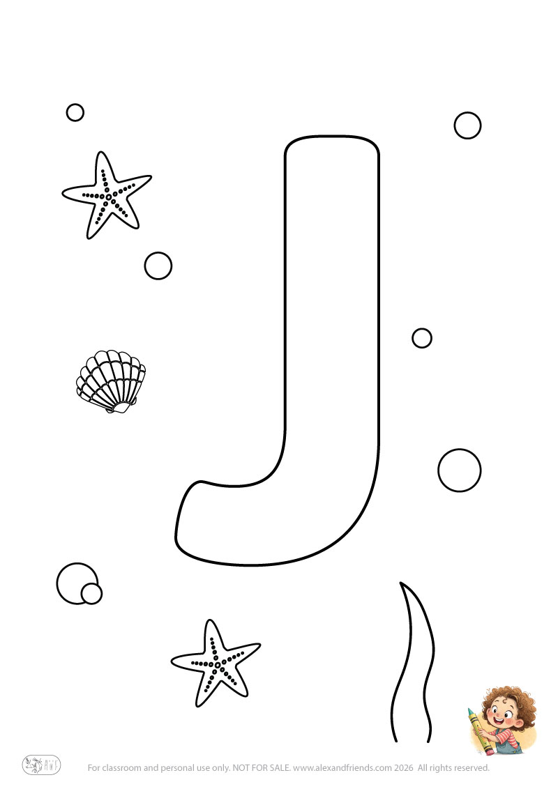 Letter J. Printable English alphabet coloring pages for children learning letters