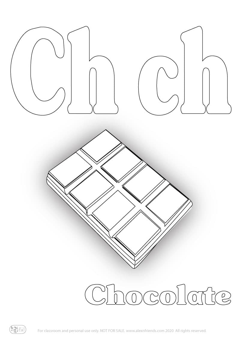 Εκμάθηση της Iσπανικής αλφάβητου για παιδιά. Δωρεάν εκτυπώσιμο φύλλο ζωγραφικής με το γράμμα ch και σοκολάτα