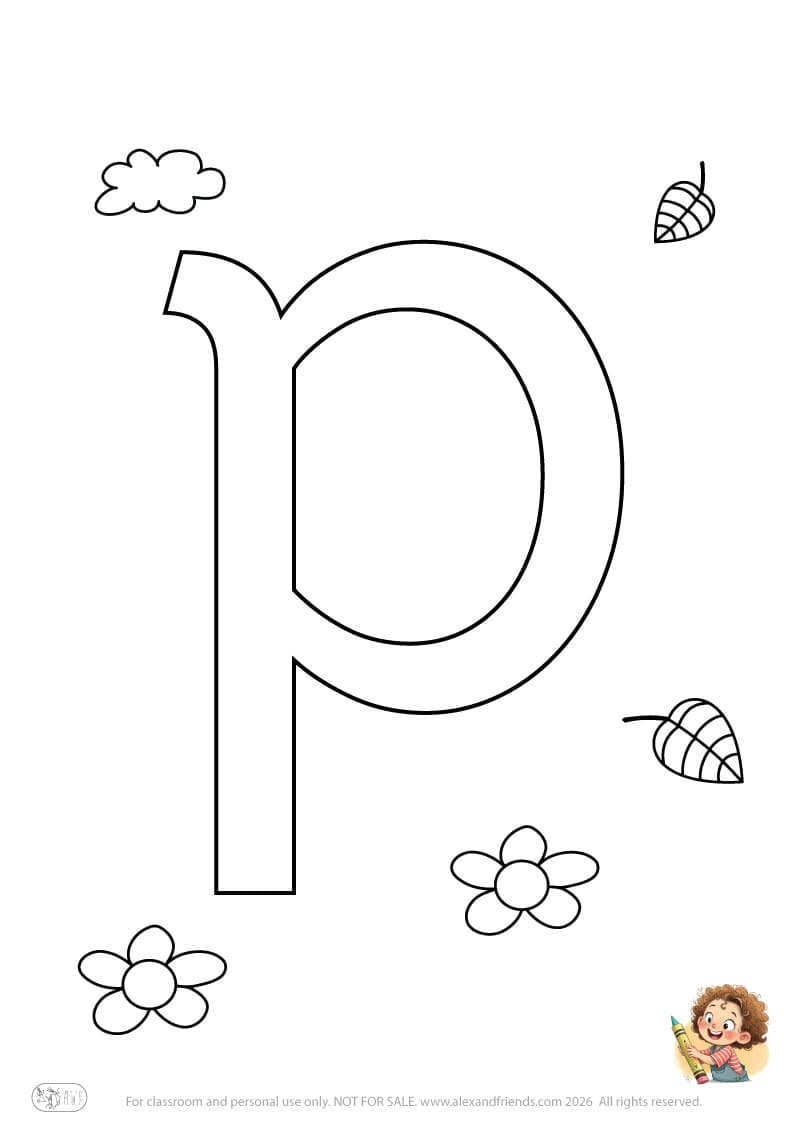 Letter p. Printable English alphabet coloring pages for children learning letters