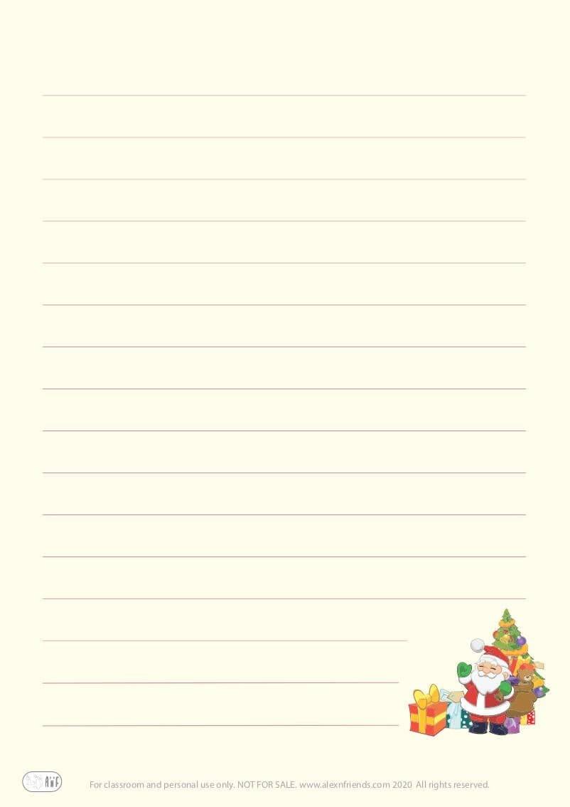 Free printable writing paper with envelop. Santa Claus with presents. Christmas tree.