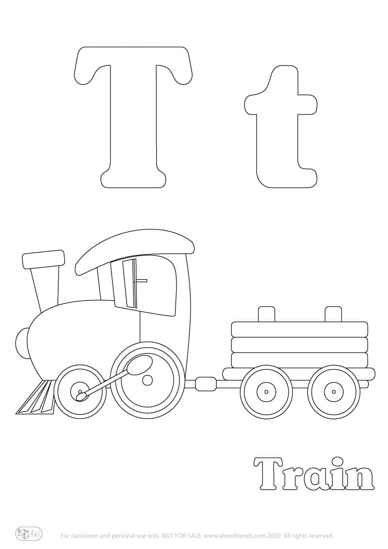 Learning english alphabet for kids. Free printable coloring page with letter T t and a train