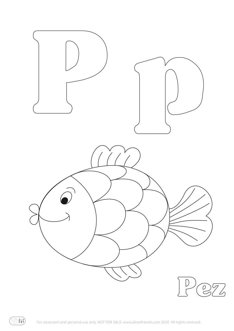 Εκμάθηση της Iσπανικής αλφάβητου για παιδιά. Δωρεάν εκτυπώσιμο φύλλο ζωγραφικής με το γράμμα P p και ψάρι
