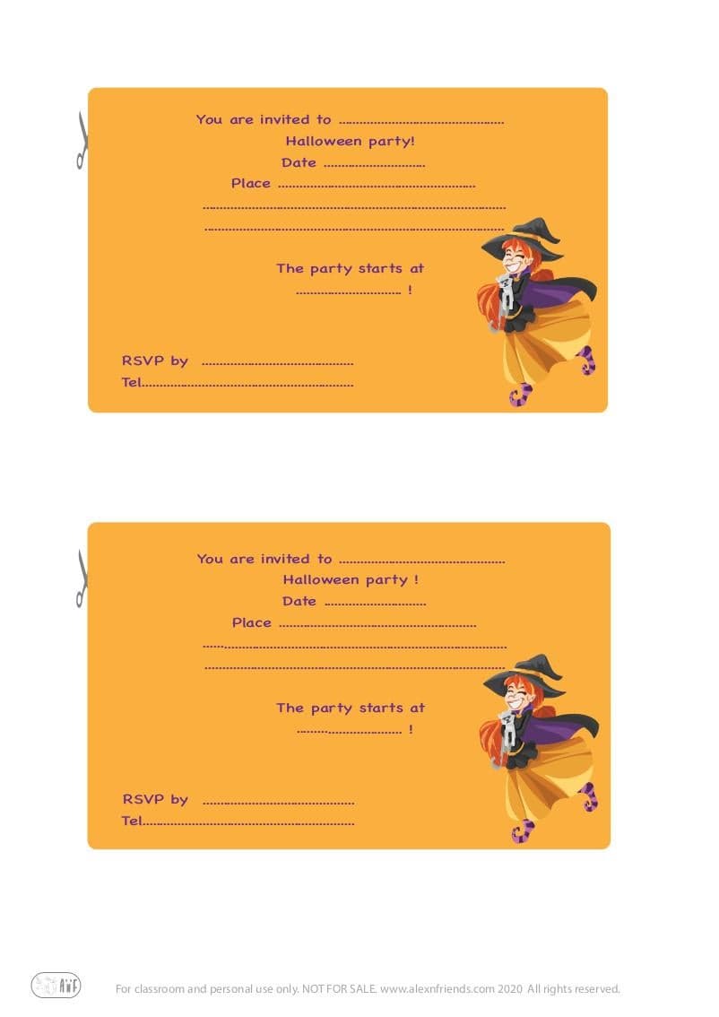 Halloween. Free printable invitation in english for kids party. Happy witch.