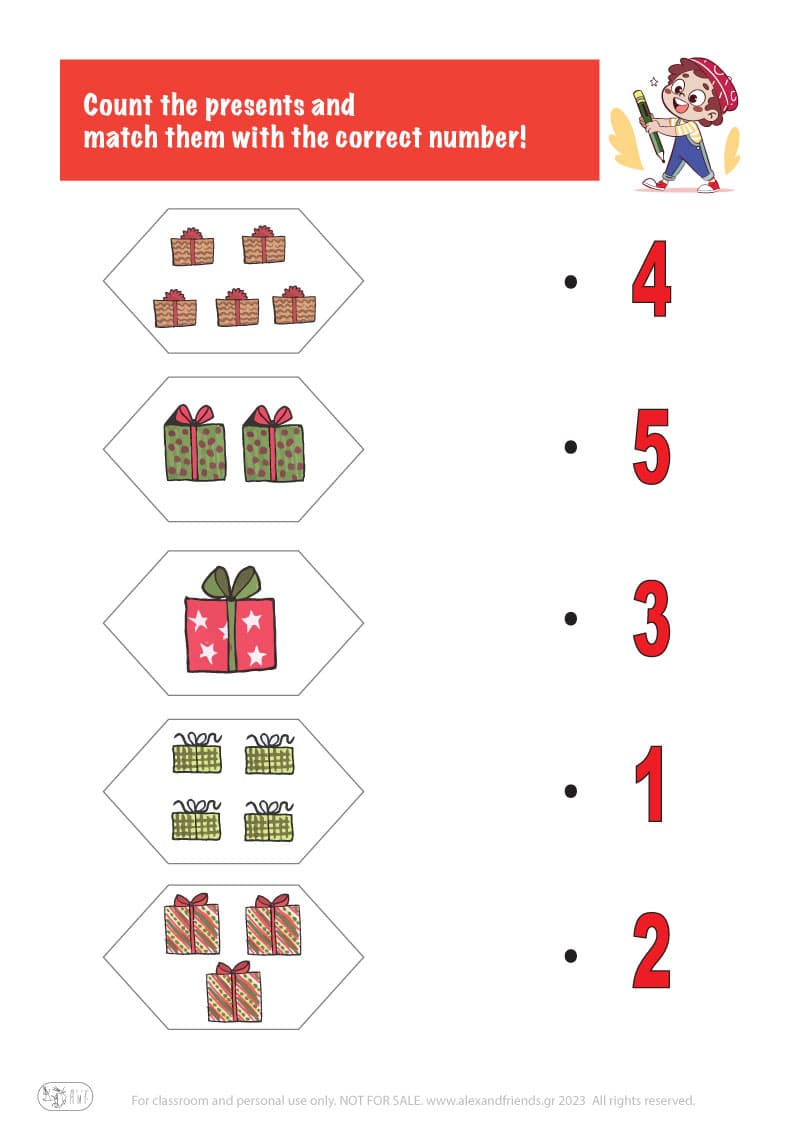 Count the presents. Printable worksheets and activities that help kids practice number recognition and early math skills.