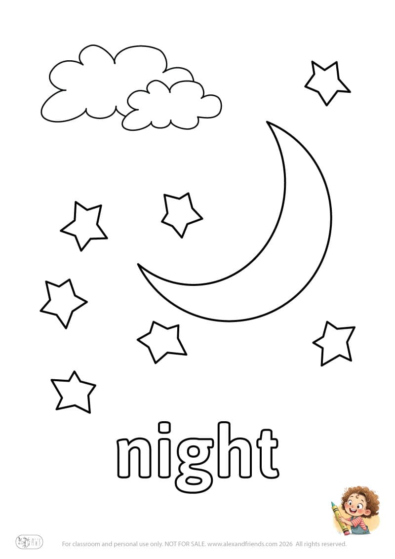 Letter n - night. Printable English alphabet coloring pages for children learning letters