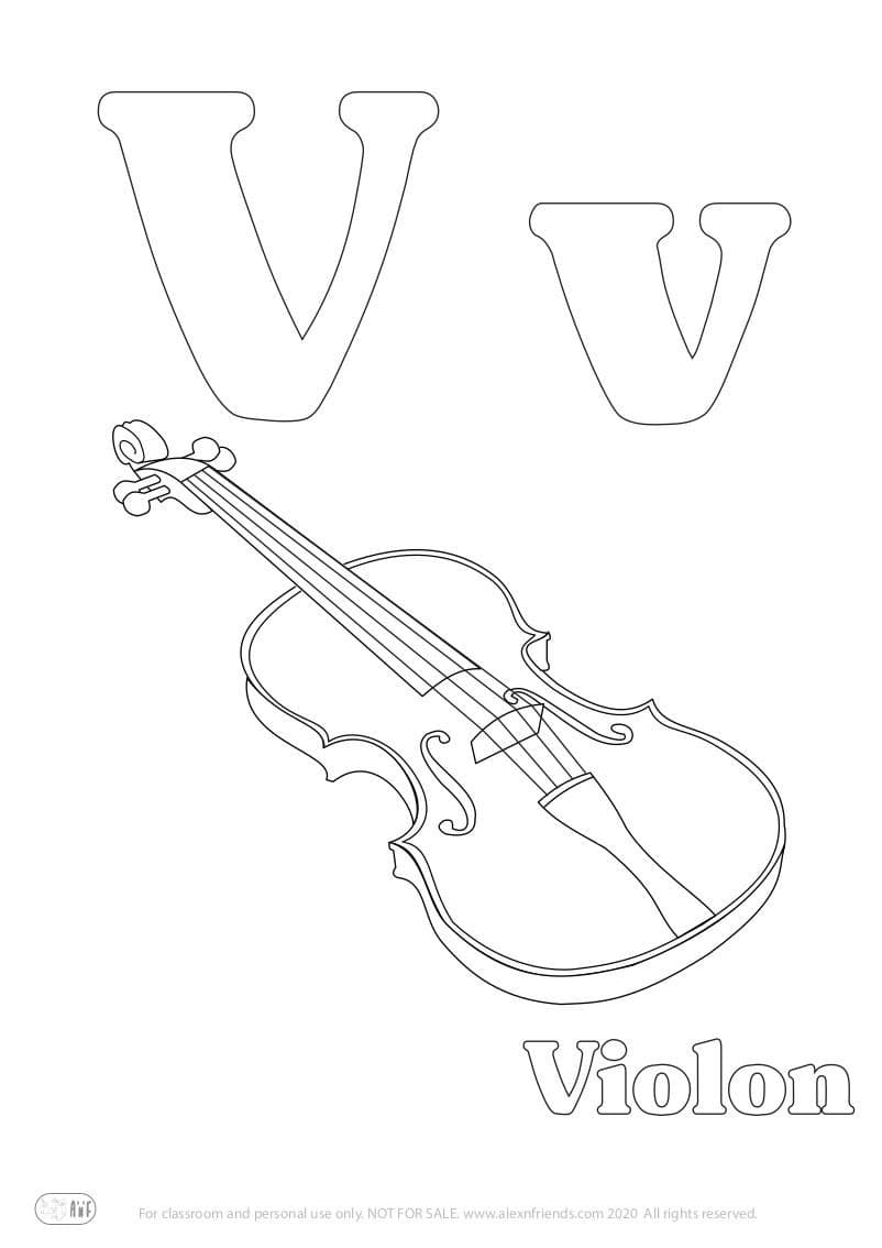 Learning french alphabet for kids. Free printable coloring page with letter V v and a violin