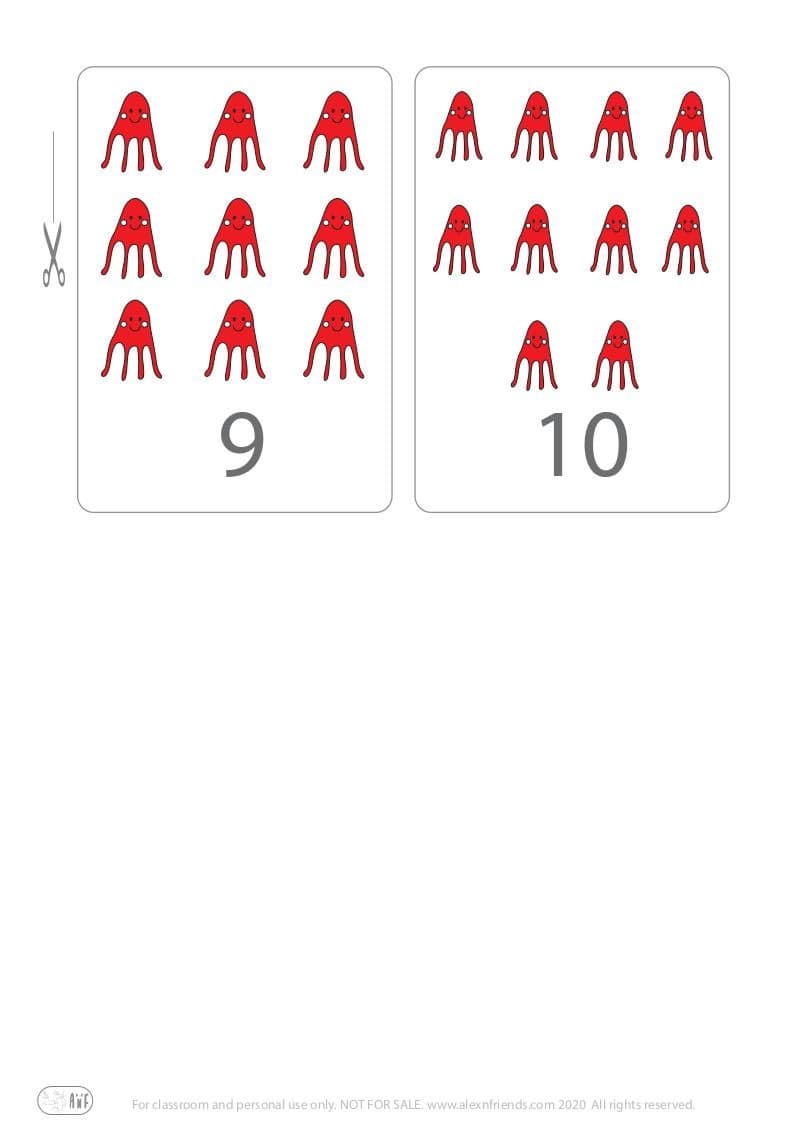 Xαρούμενες δωρεάν εκτυπώσιμες κάρτες με χταποδάκια για παιδιά για την εκμάθηση των αριθμών 9, 10