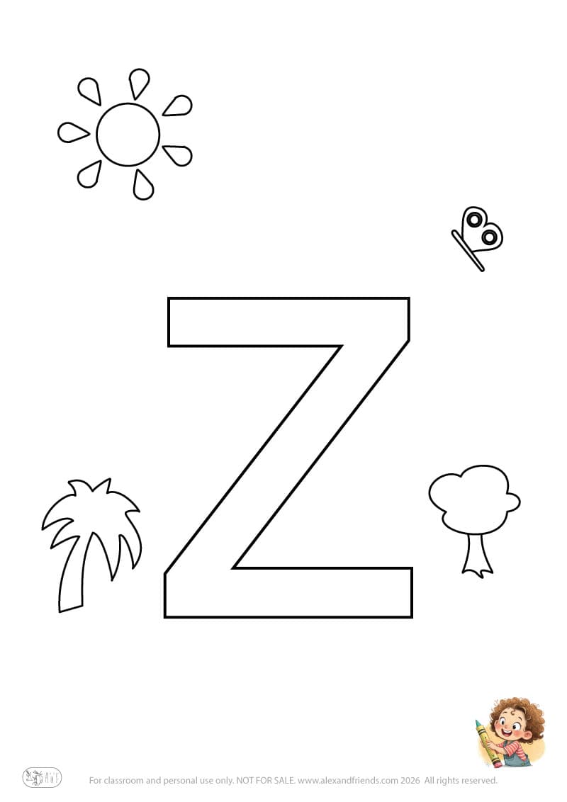 Letter z. Printable English alphabet coloring pages for children learning letters