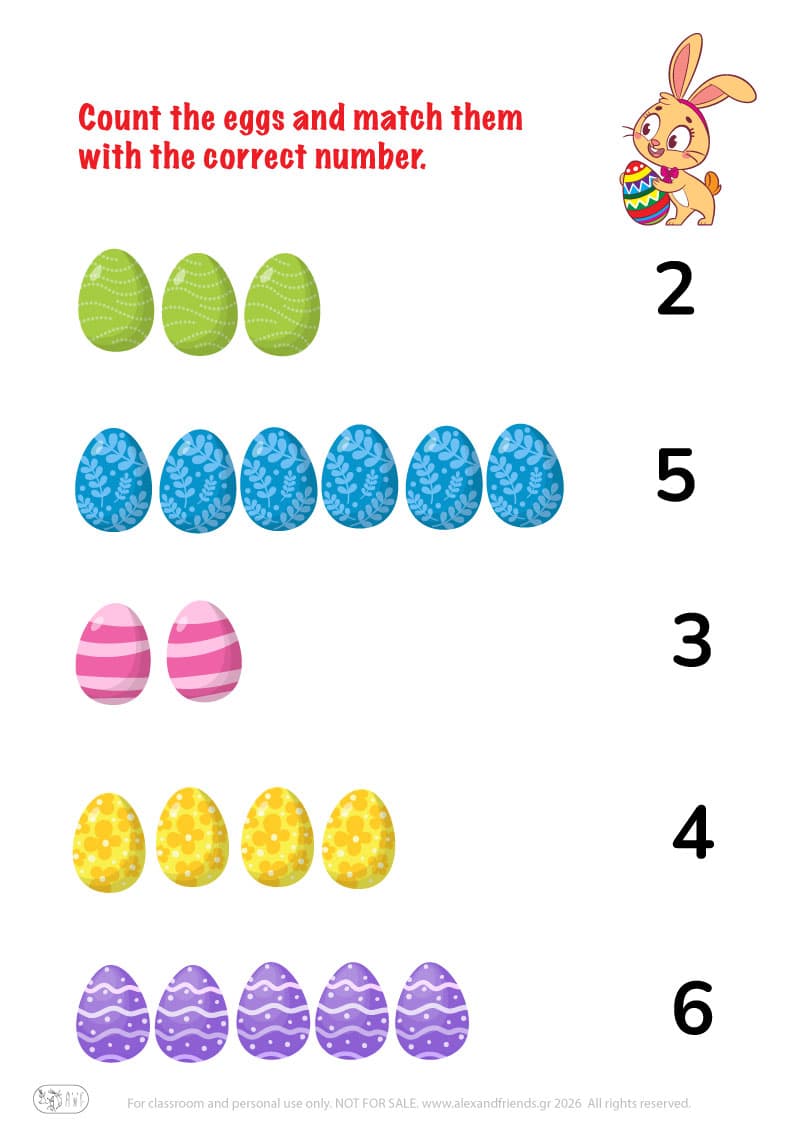 Count and match. Printable Easter preschool worksheet 