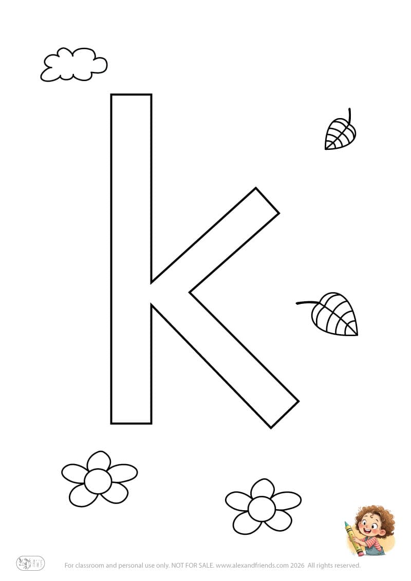 Letter k. Printable English alphabet coloring pages for children learning letters