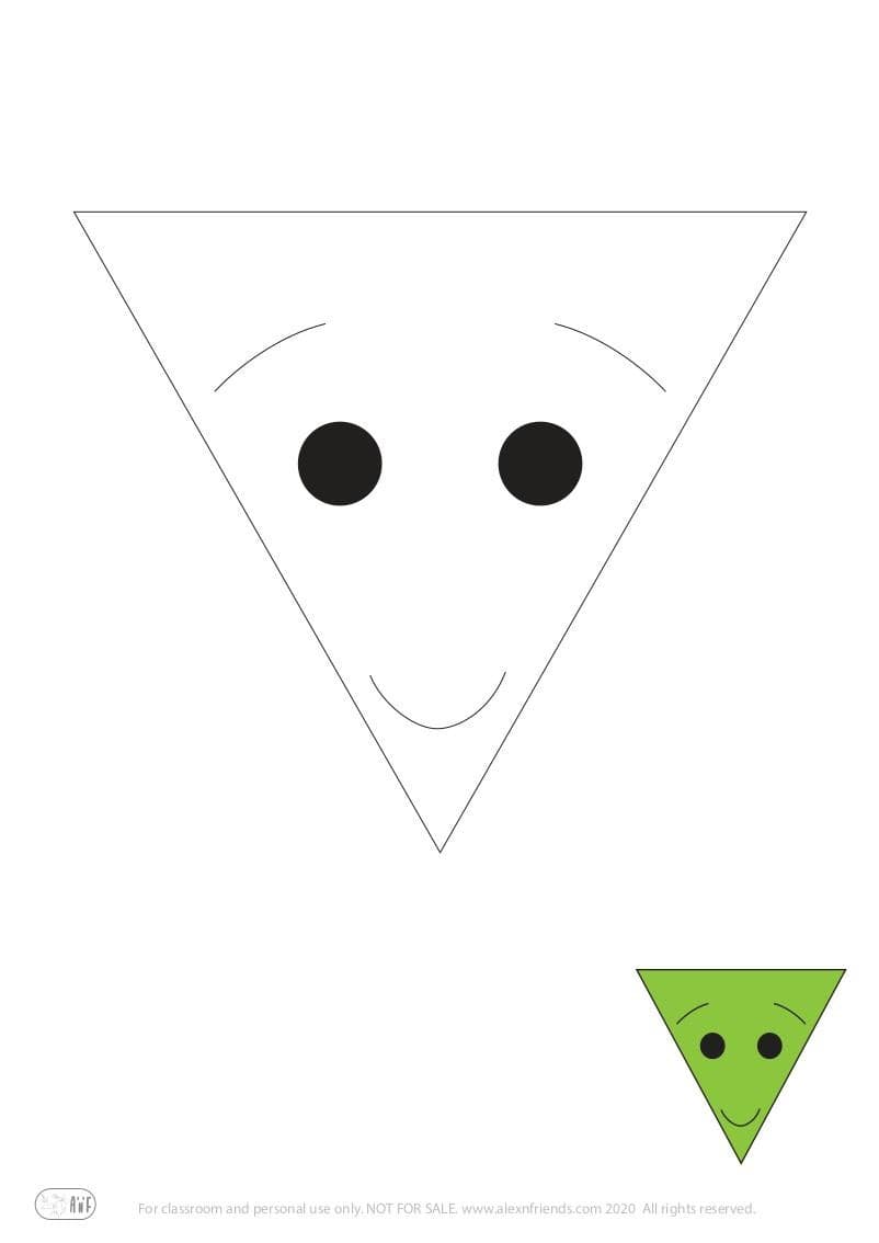 Free coloring page for kids. Learning shapes and colors. Green triangle smiling.