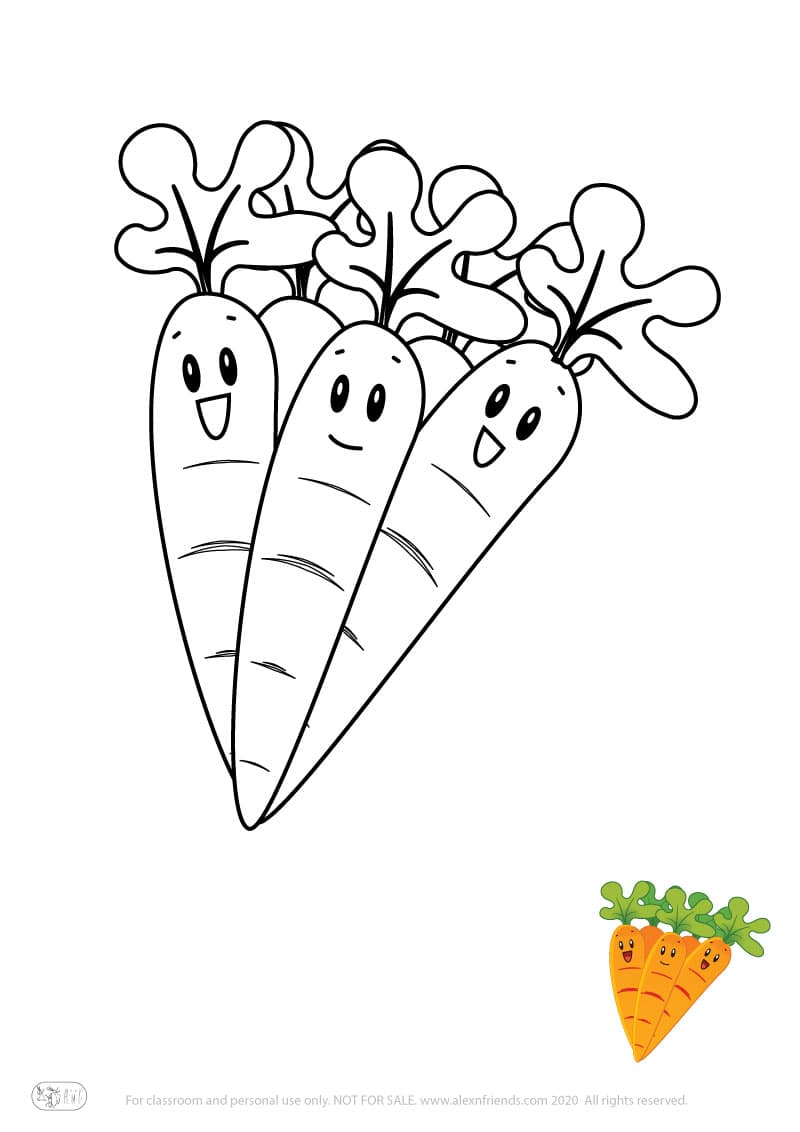 Learning activity for kids. Free printable coloring page of carrots