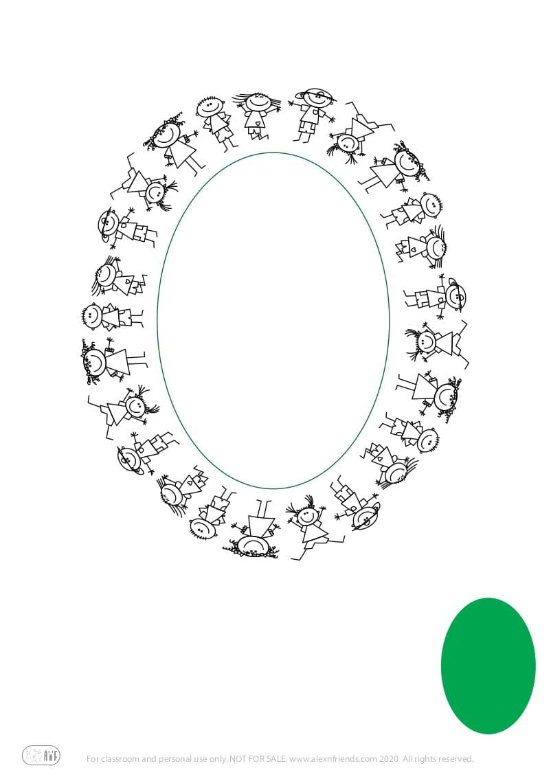 Free coloring page for kids. Learning shapes and colors. Green oval with happy kids.