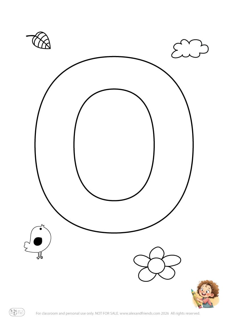 Letter O. Printable English alphabet coloring pages for children learning letters
