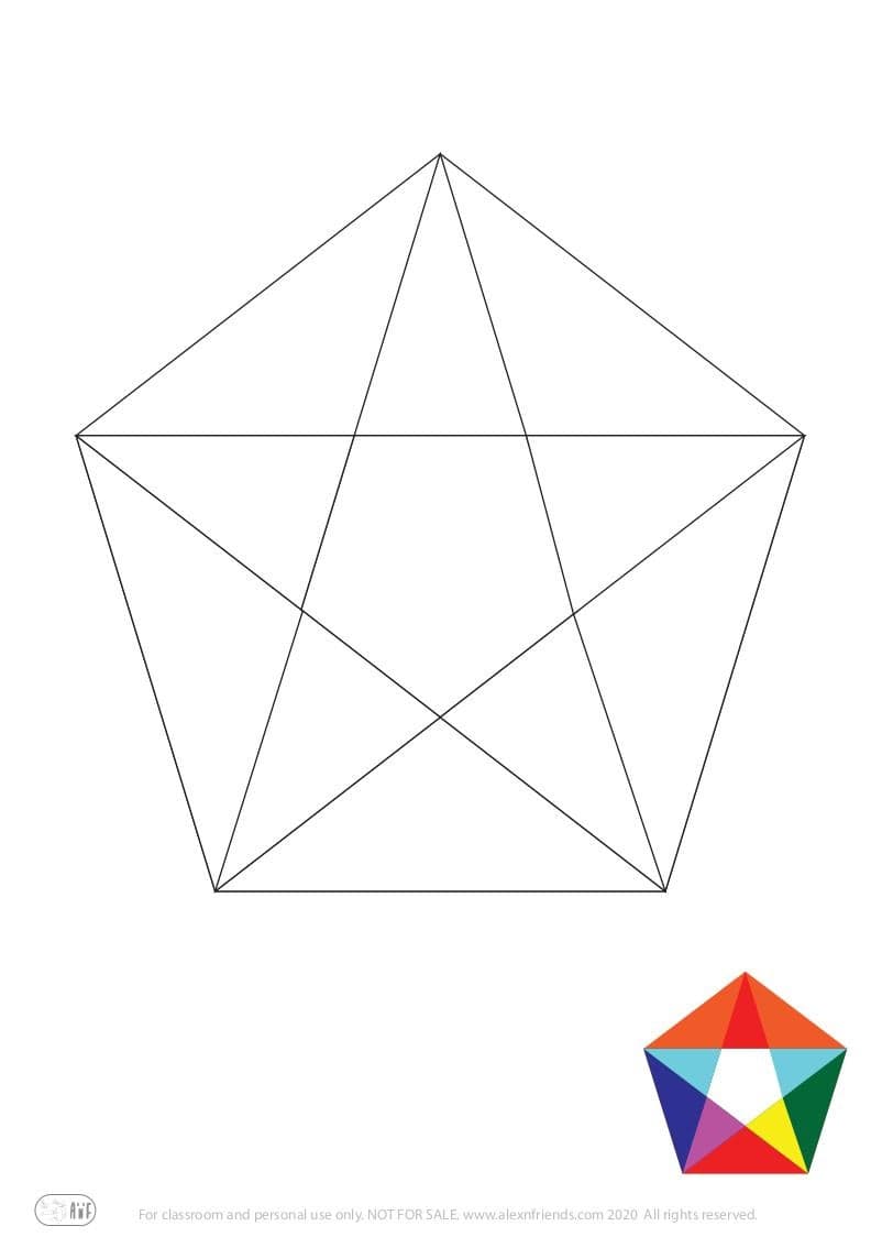 Free coloring page for kids. Learning shapes and colors. Colorful pentagon.