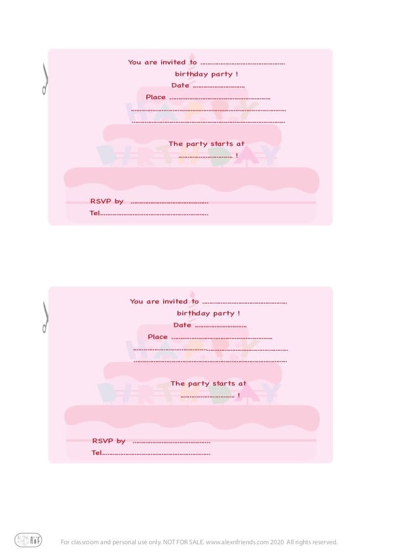 Free printable kid's birthday invitation in english with birthday cake in pink background.
