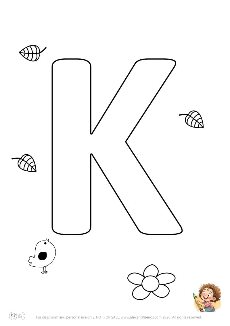 Letter K. Printable English alphabet coloring pages for children learning letters
