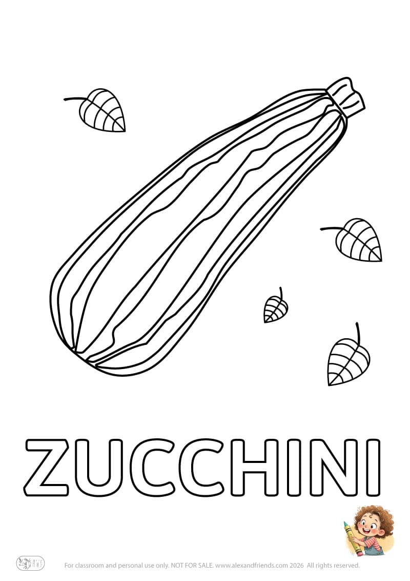 Letter Z - ZUCCHINI. Printable English alphabet coloring pages for children learning letters