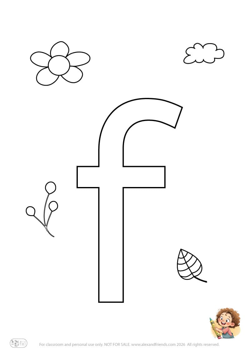 Letter f. Printable English alphabet coloring pages for children learning letters