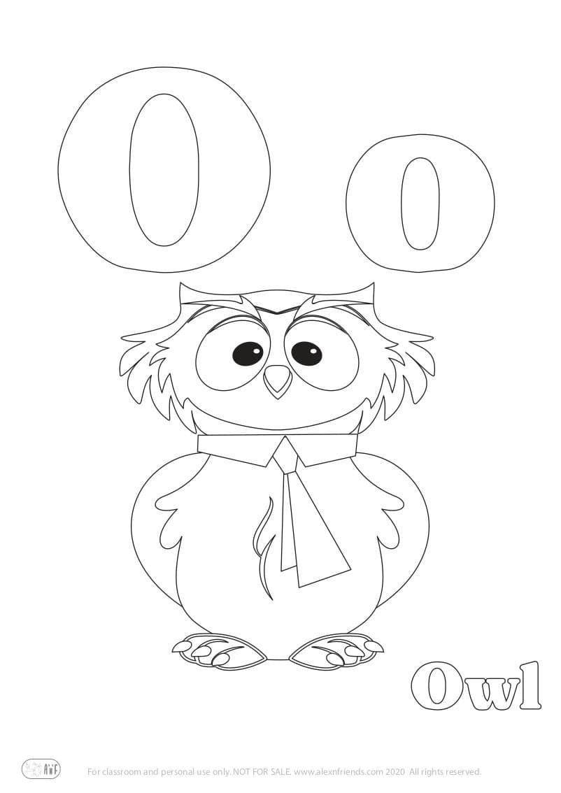 Learning english alphabet for kids. Free printable coloring page with letter O o and an owl