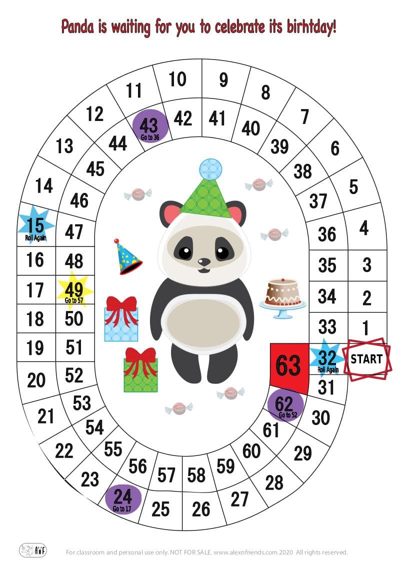 Free printable board game for kids. Panda is celebrating its birthday.