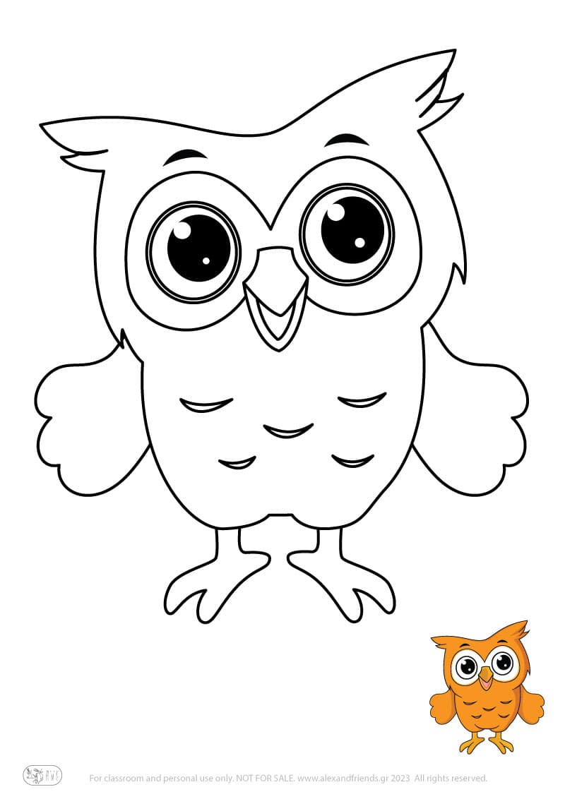 Free Coloring Pages for kids toddlers preschool kindergarten. Owl.