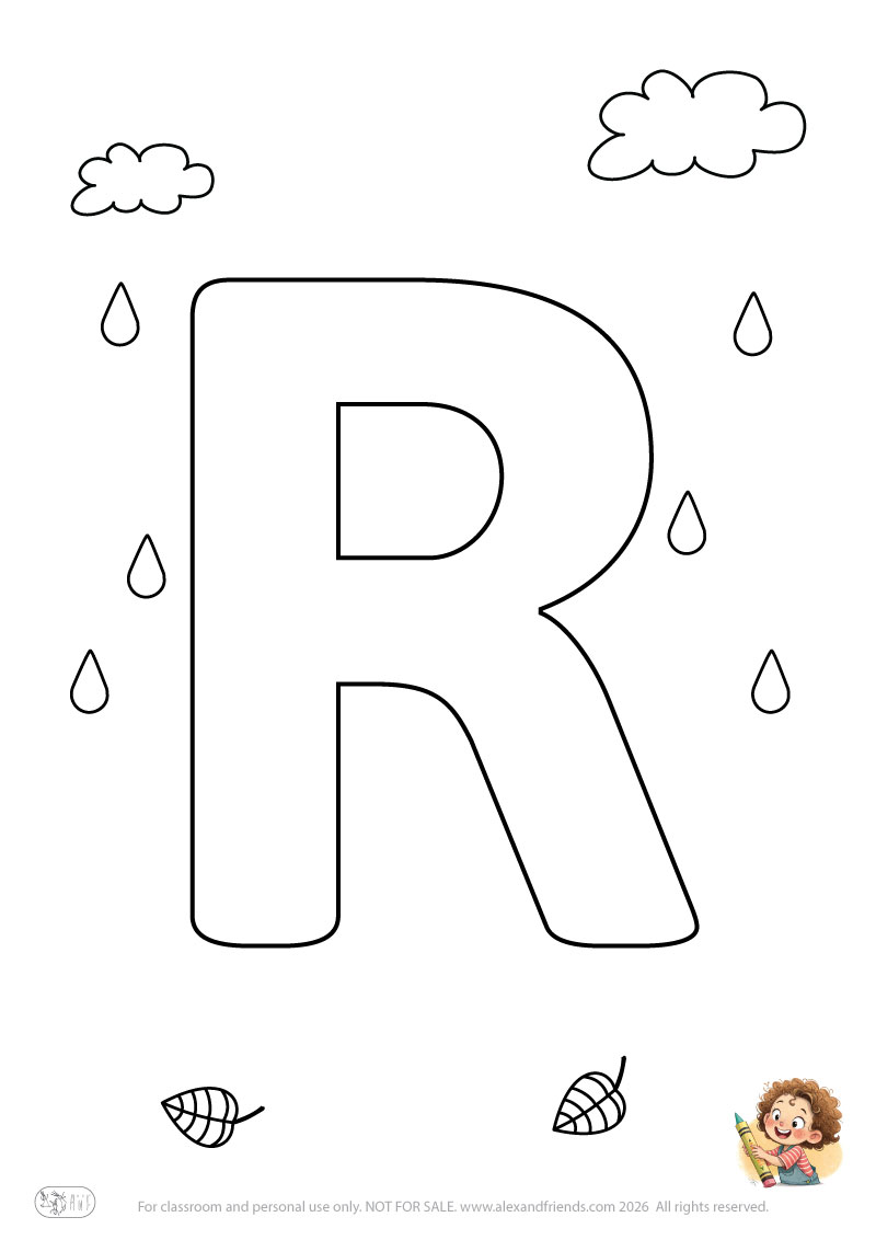 Letter R. Printable English alphabet coloring pages for children learning letters