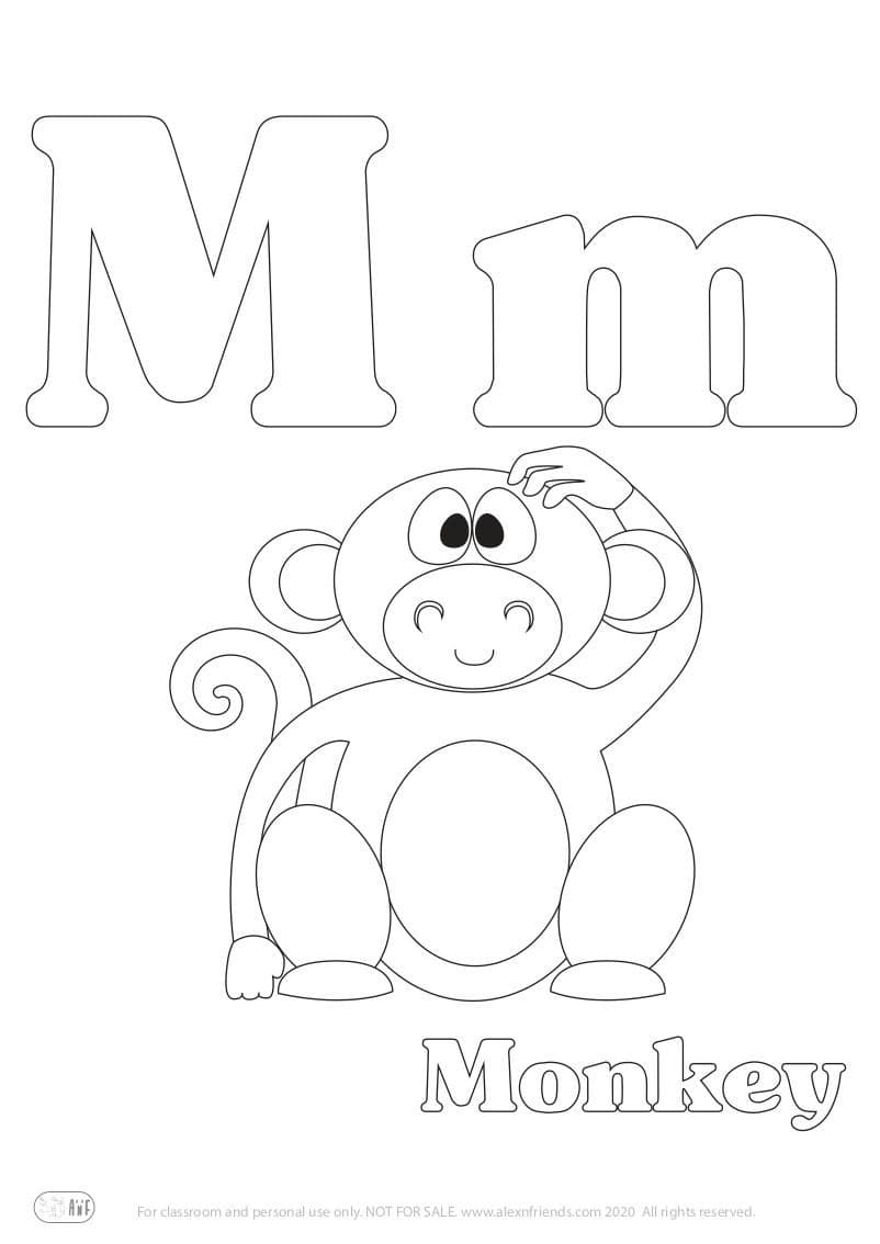 Learning english alphabet for kids. Free printable coloring page with letter M m and a monkey
