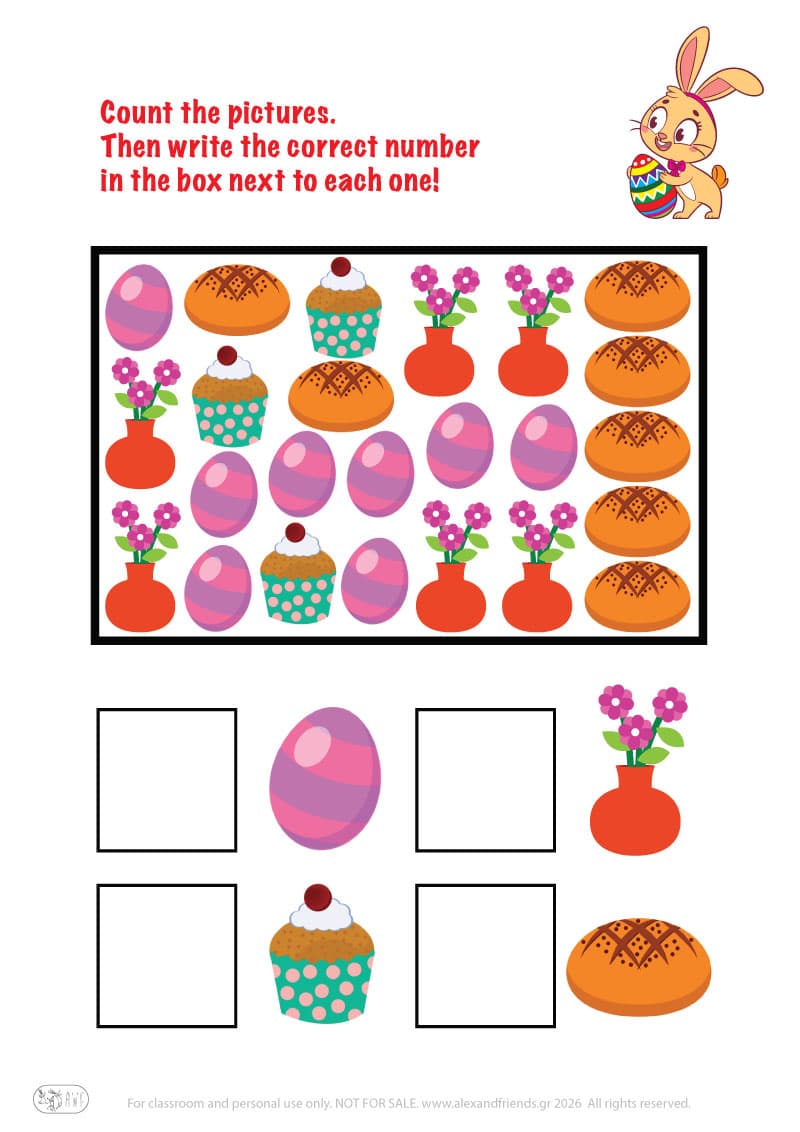 Count the pictures. Printable Easter preschool worksheet 