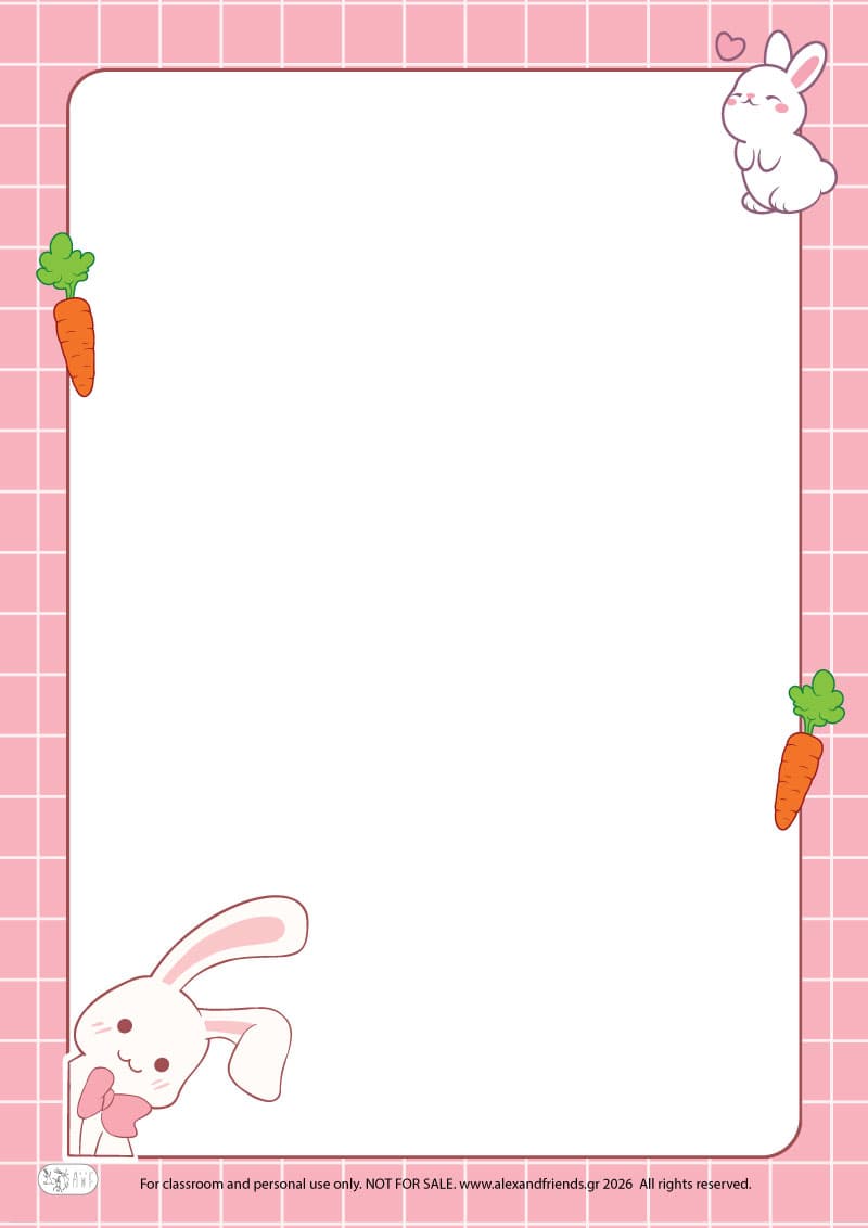 Bunnies and carrots. Printable Easter writing paper for kids with festive spring designs