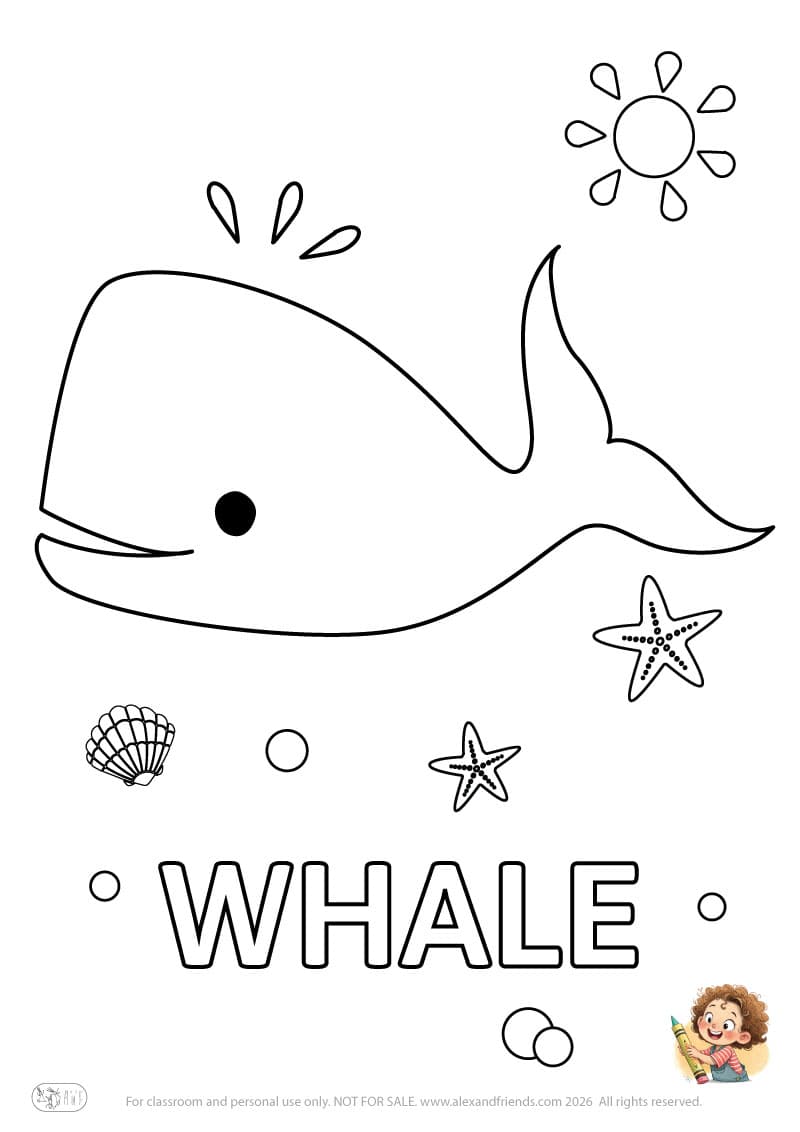 Letter W - WHALE. Printable English alphabet coloring pages for children learning letters