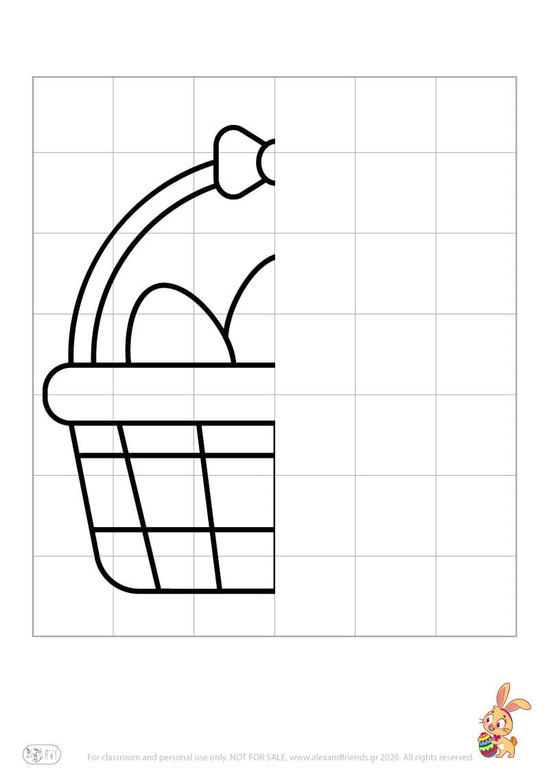 Easter symmetry drawing worksheet showing half for preschool children to complete