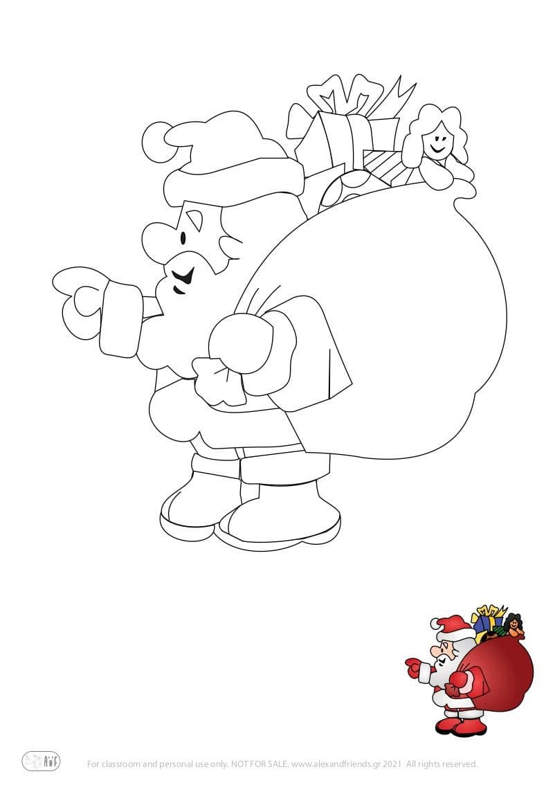 Free printable holiday coloring page for kids. Christmas and New Year. Santa Claus.