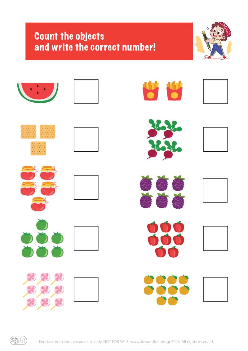Count the objects. Printable worksheets and activities that help kids practice number recognition and early math skills.