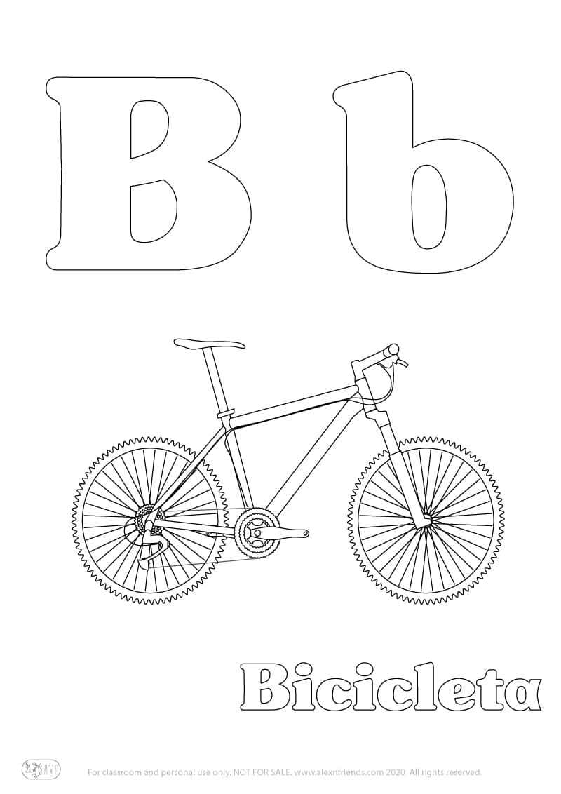 Εκμάθηση της Iσπανικής αλφάβητου για παιδιά. Δωρεάν εκτυπώσιμο φύλλο ζωγραφικής με το γράμμα B b και ποδήλατο