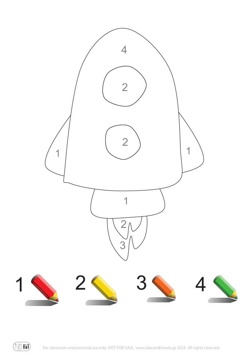 Πύραυλος. Κάστρο στην άμμο. Εκπαιδευτικό φύλλο ζωγραφικής αριθμών και χρωμάτων