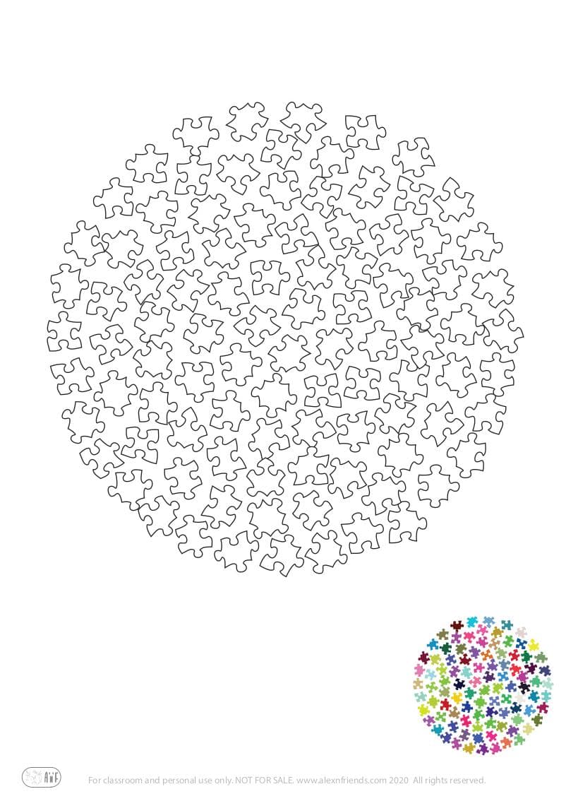 Free coloring page for kids. Learning shapes and colors. A circle or colorful puzzle pieces.