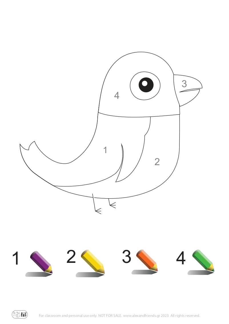 Πουλί. Κάστρο στην άμμο. Εκπαιδευτικό φύλλο ζωγραφικής αριθμών και χρωμάτων