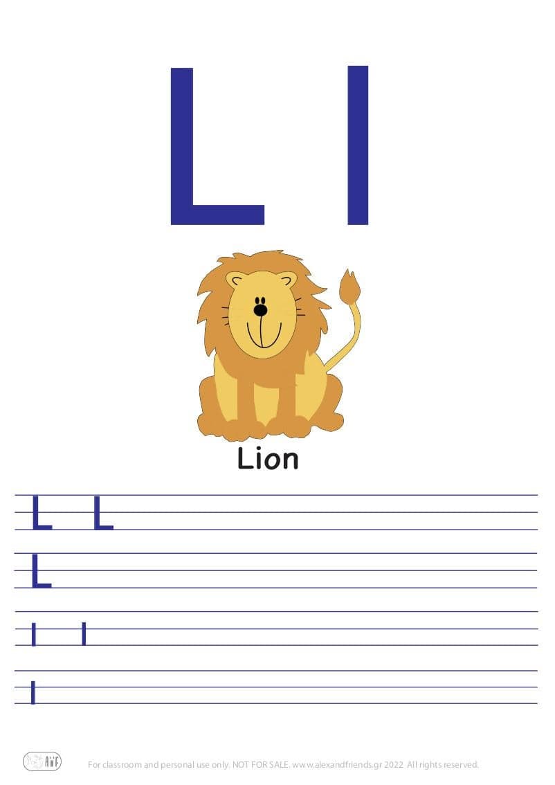 English alphabet. Free printable writing exercise for the letter L l and a lion.