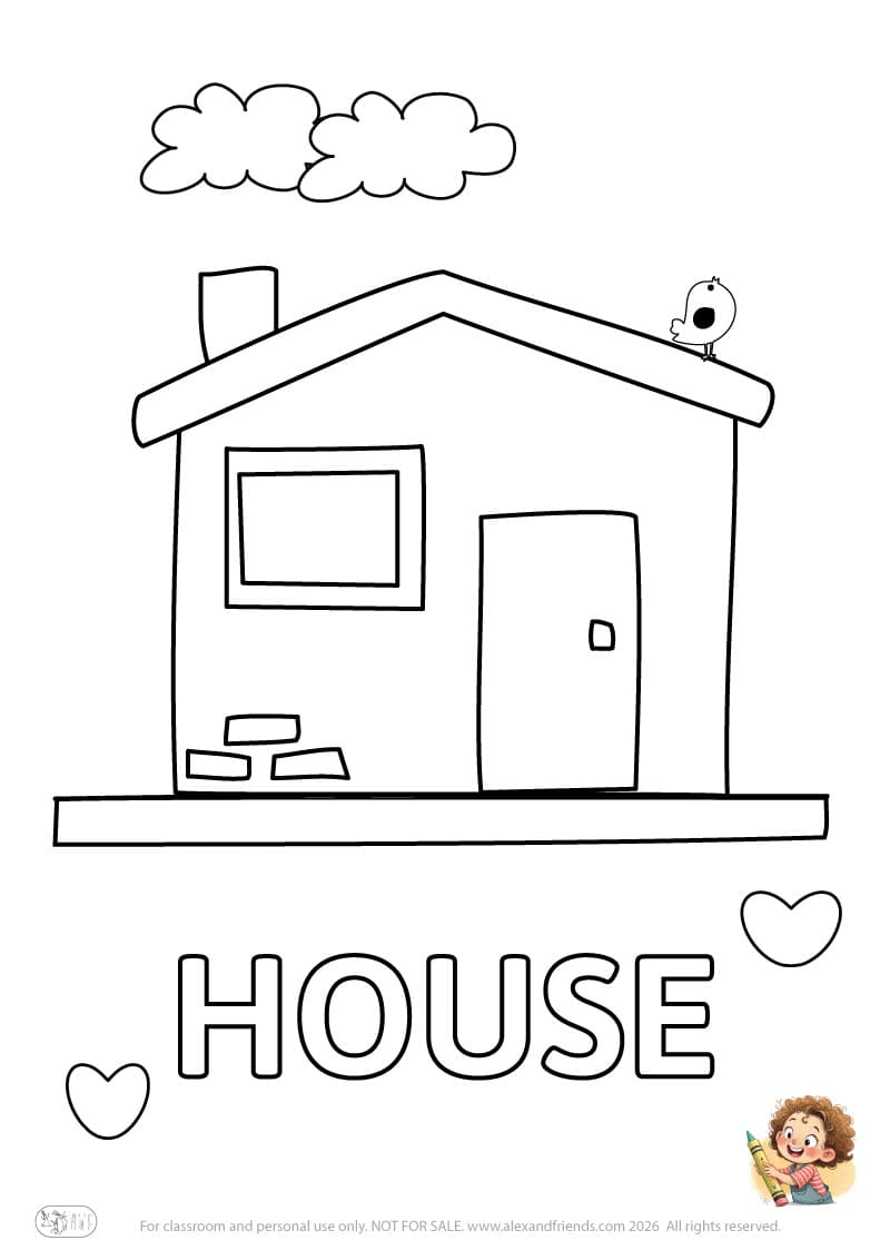 Letter H - HOUSE. Printable English alphabet coloring pages for children learning letters