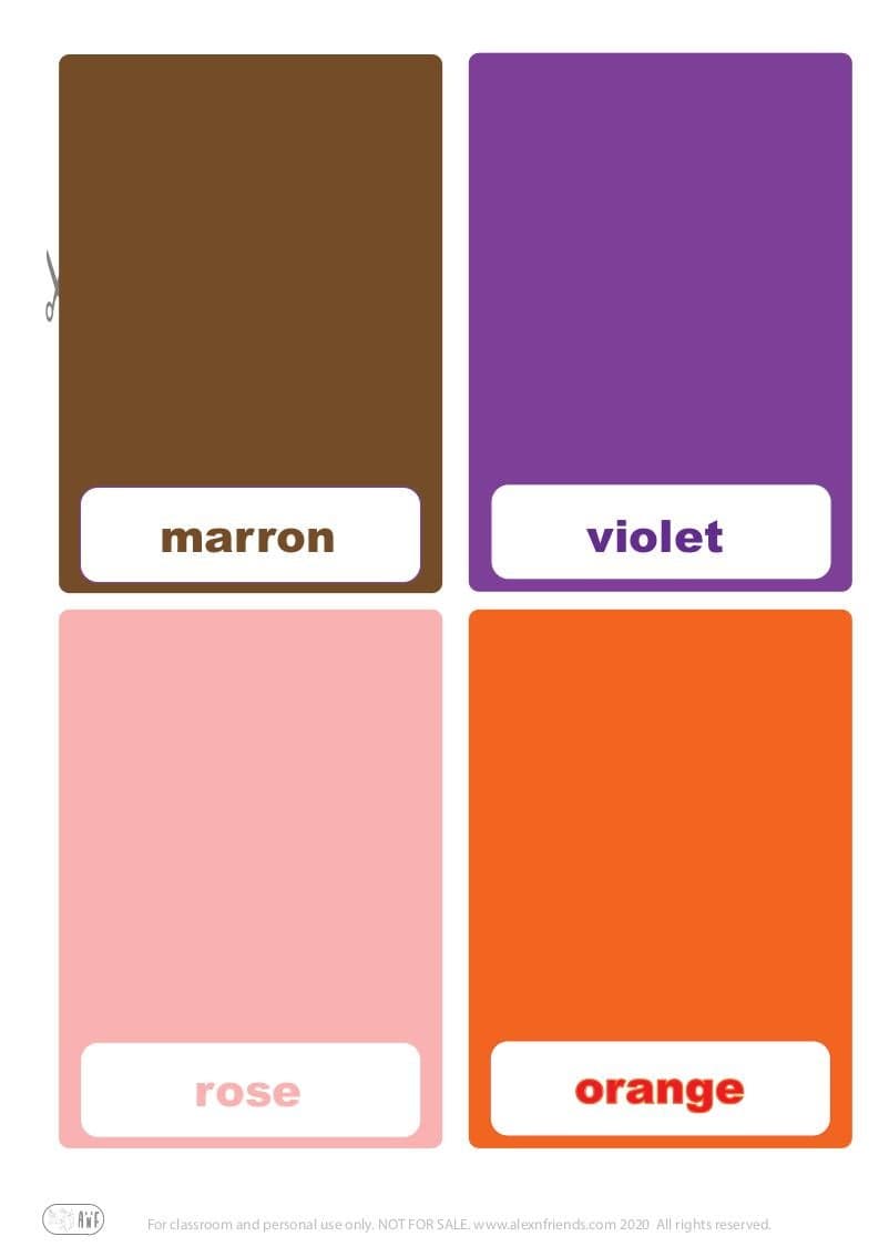 Free printable flash cards for kids. Learning colors in french brown, purple, pink, orange