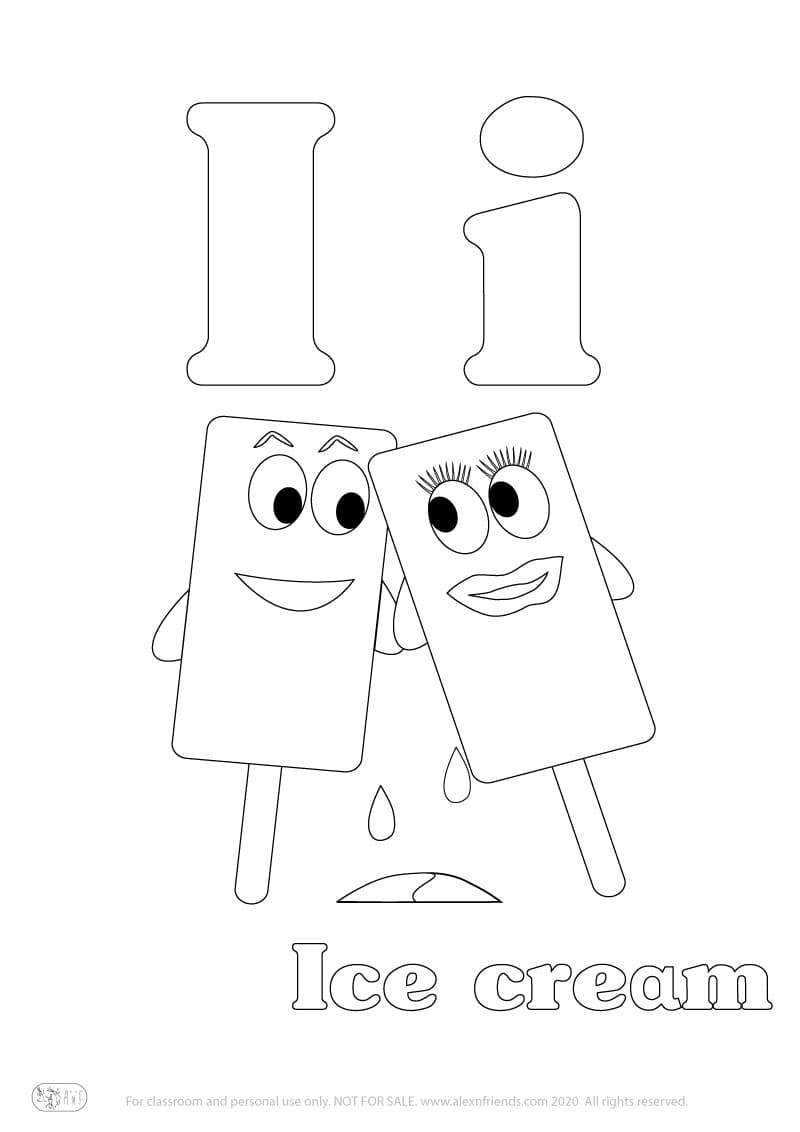 Learning english alphabet for kids. Free printable coloring page with letter I i and an ice cream