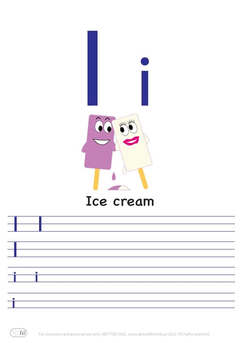 English alphabet. Free printable writing exercise for the letter I i and an ice cream.
