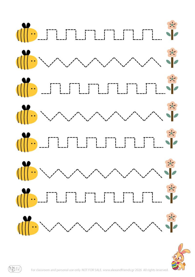 Bee - flower. Easter pre-writing worksheets for kids