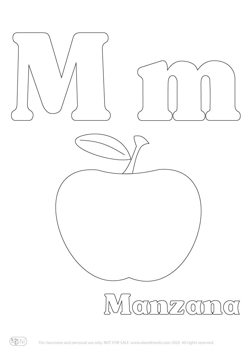 Εκμάθηση της Iσπανικής αλφάβητου για παιδιά. Δωρεάν εκτυπώσιμο φύλλο ζωγραφικής με το γράμμα M m και μήλο